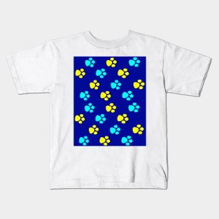 Blue and Yellow Dog Paws Kids T-Shirt